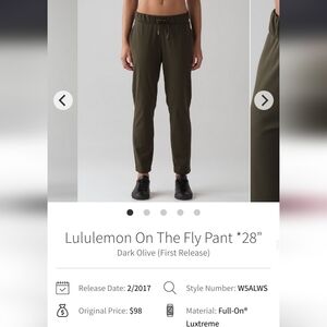 EUC Lululemon On The Fly Pant in Dark Olive, size 2, 7/8 Length